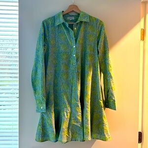 Medium blue and green pattern dress.